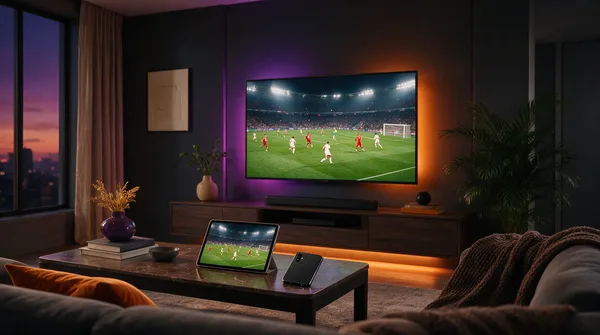 IPTV Mains playing on a television, a tablet and a phone at once